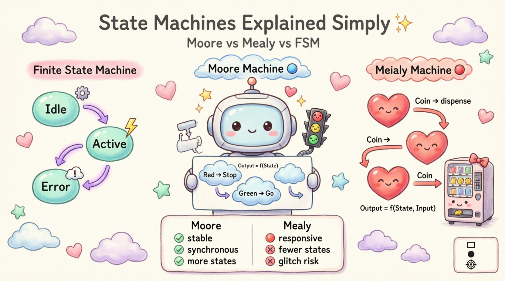 Kawaii-style infographic comparing Finite State Machine, Moore Machine, and Mealy Model diagrams for software engineering, featuring cute pastel illustrations of state transitions, output logic formulas, UML notation symbols, and a Moore vs Mealy comparison table with advantages and disadvantages for system design