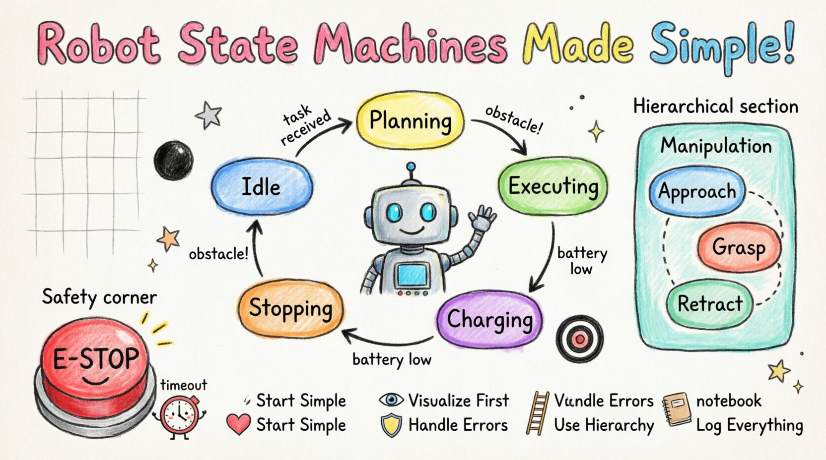 Child-style hand-drawn infographic explaining state machine diagrams for robotics: features a cute robot character, colorful state bubbles (Idle, Planning, Executing, Stopping, Charging) connected by arrows with event triggers, hierarchical state nesting example, emergency stop safety feature, and best practices checklist with simple icons, all in bright crayon aesthetic on 16:9 layout