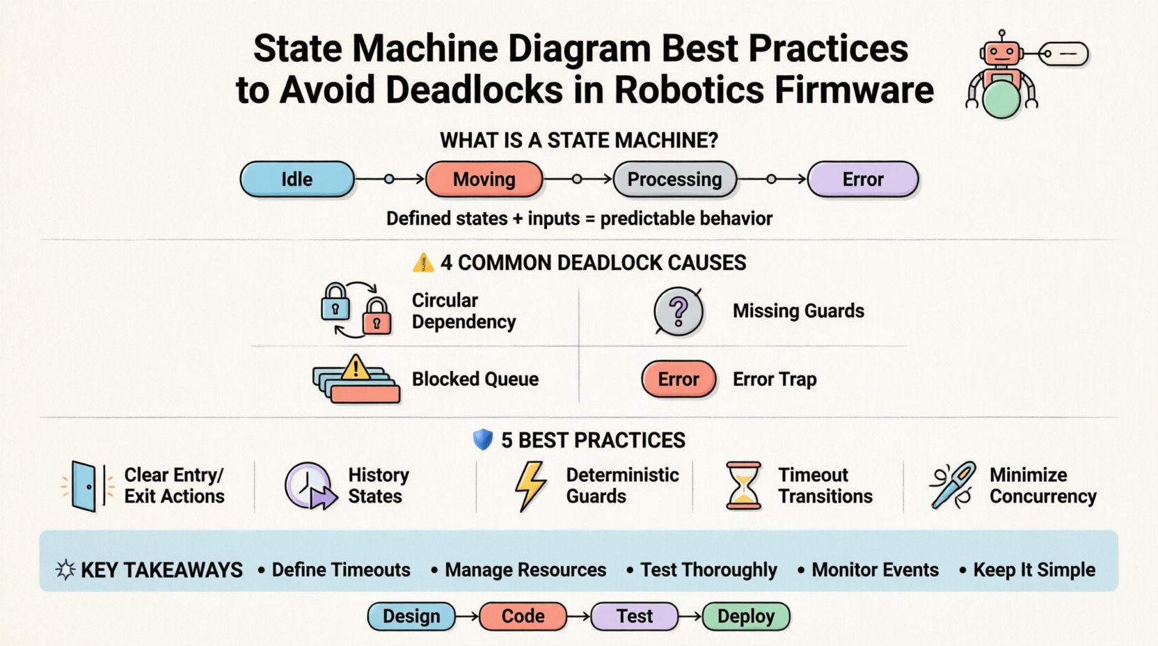 Infographic illustrating best practices for UML state machine diagrams in robotics firmware to prevent deadlocks, featuring common causes like circular dependencies and missing guards, plus solutions including timeout transitions, deterministic guards, and resource management strategies, designed with clean flat style and pastel colors for educational use