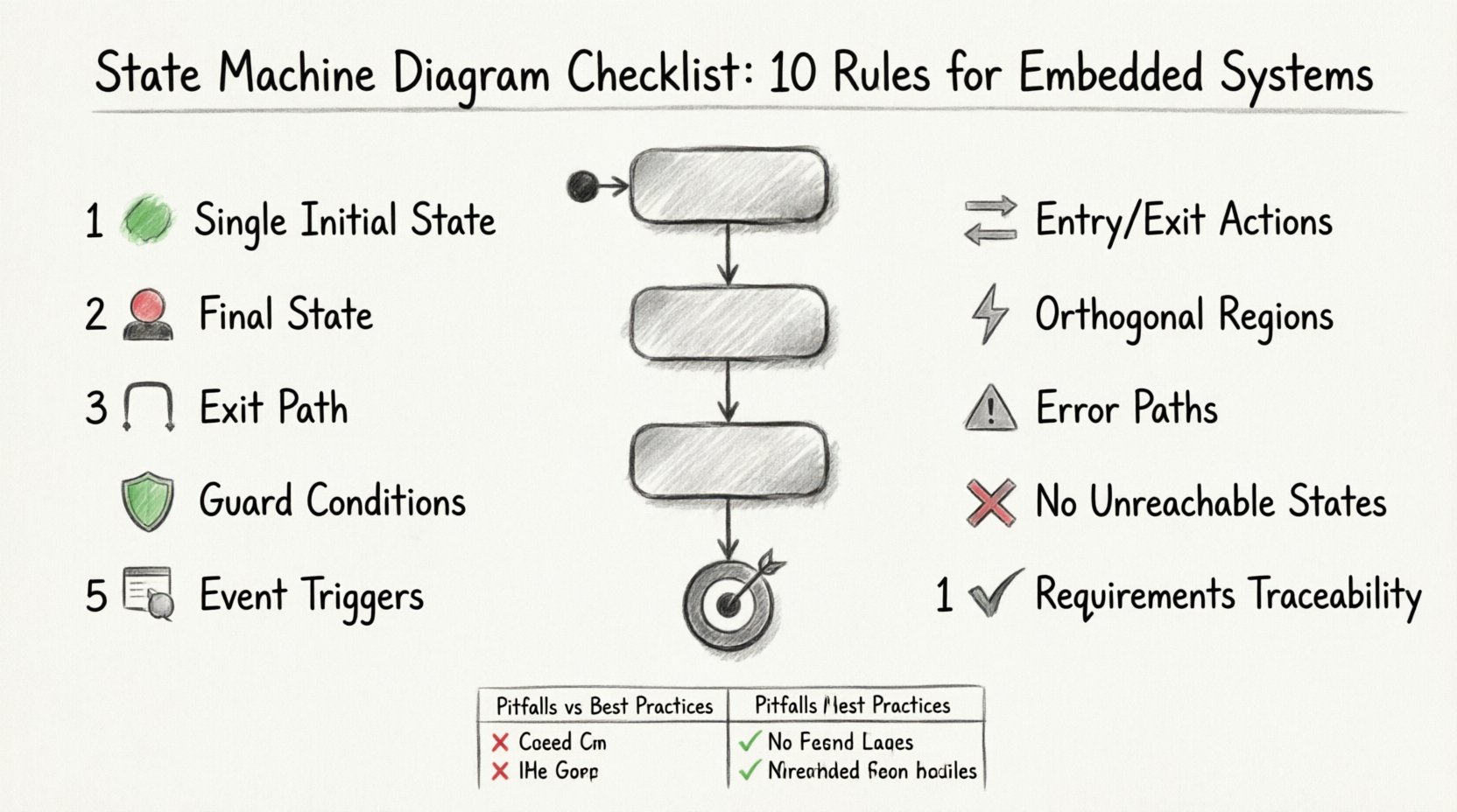 Sketch-style infographic illustrating 10 essential rules for creating logical state machine diagrams in embedded systems: single initial state, explicit final state, exit paths for all states, clear guard conditions, precise event triggers, separated entry/exit actions, careful orthogonal region management, exception/error paths, avoiding unreachable states, and requirements traceability; includes visual FSM elements, checklist layout, and pitfalls vs best practices comparison for engineering teams