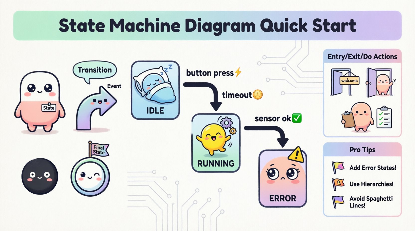 Chibi-style infographic explaining State Machine Diagrams for embedded systems: illustrates core UML components (State, Transition, Event, Action, Initial/Final States), a sample workflow with IDLE-RUNNING-ERROR states, Entry/Exit/Do action icons, and pro tips for avoiding common pitfalls like missing error states or spaghetti transitions, designed in cute kawaii aesthetic with pastel colors and clear English labels for intuitive learning