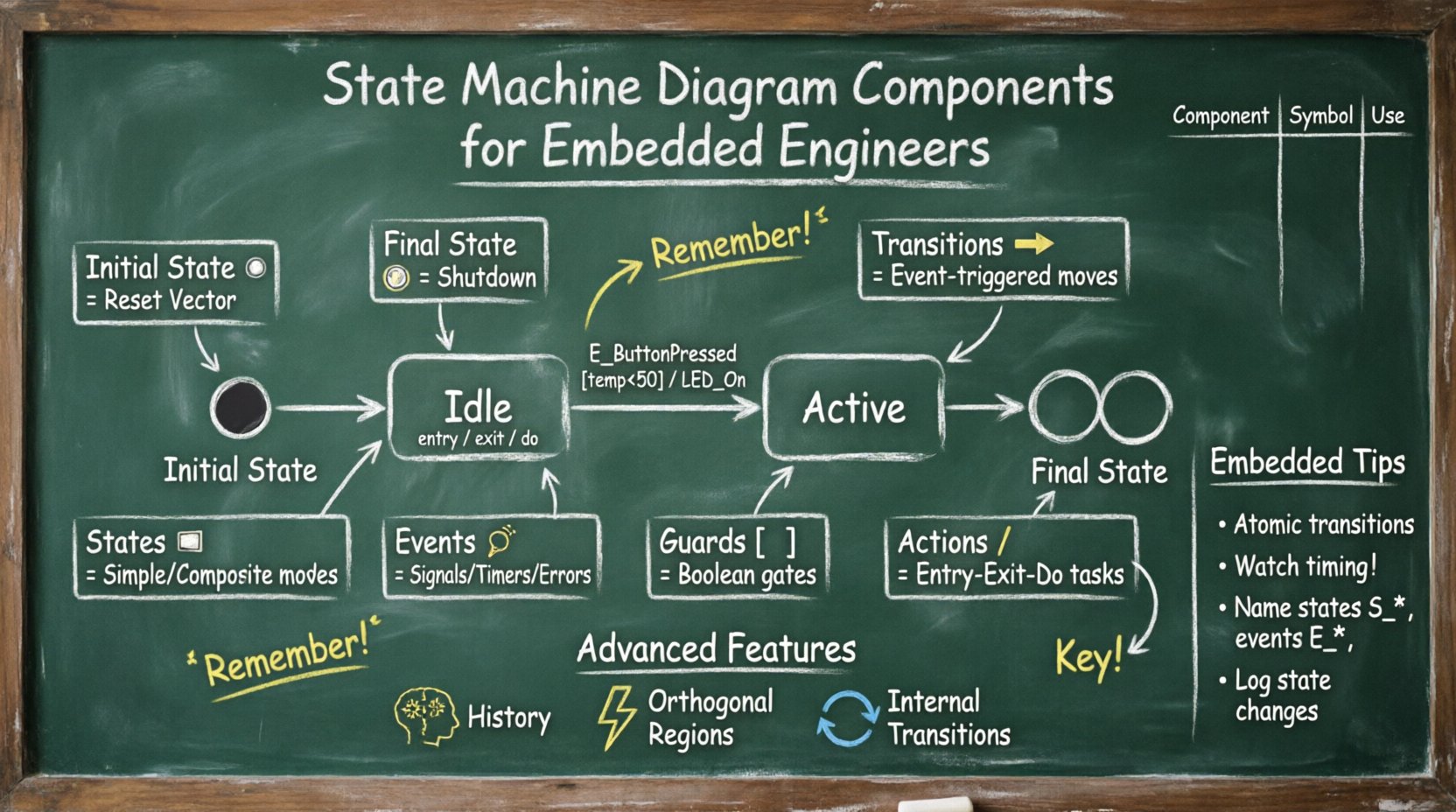 Chalkboard-style infographic illustrating UML state machine diagram components for embedded engineers, showing initial/final states, state nodes, transitions, events, guard conditions, actions, and advanced features like history states and orthogonal regions with embedded implementation tips