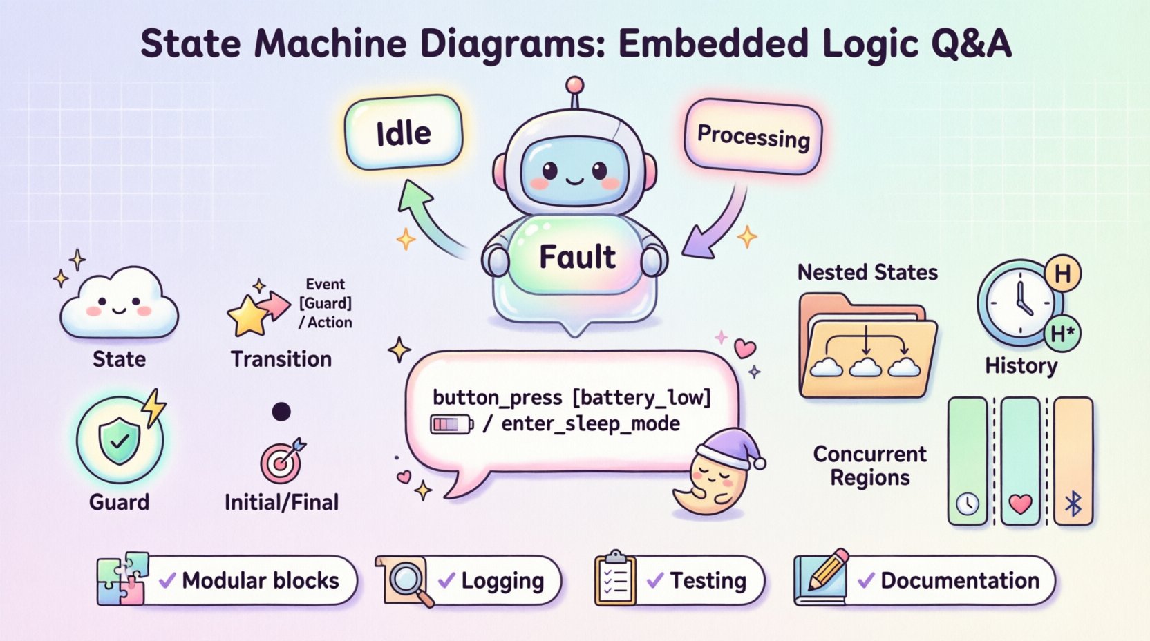 Kawaii cute vector infographic explaining State Machine Diagrams for embedded logic beginners, featuring pastel-colored rounded state bubbles, transition arrows with Event[Guard]/Action syntax, core UML components, nested states, concurrent regions, and best practices checklist in a friendly 16:9 visual guide
