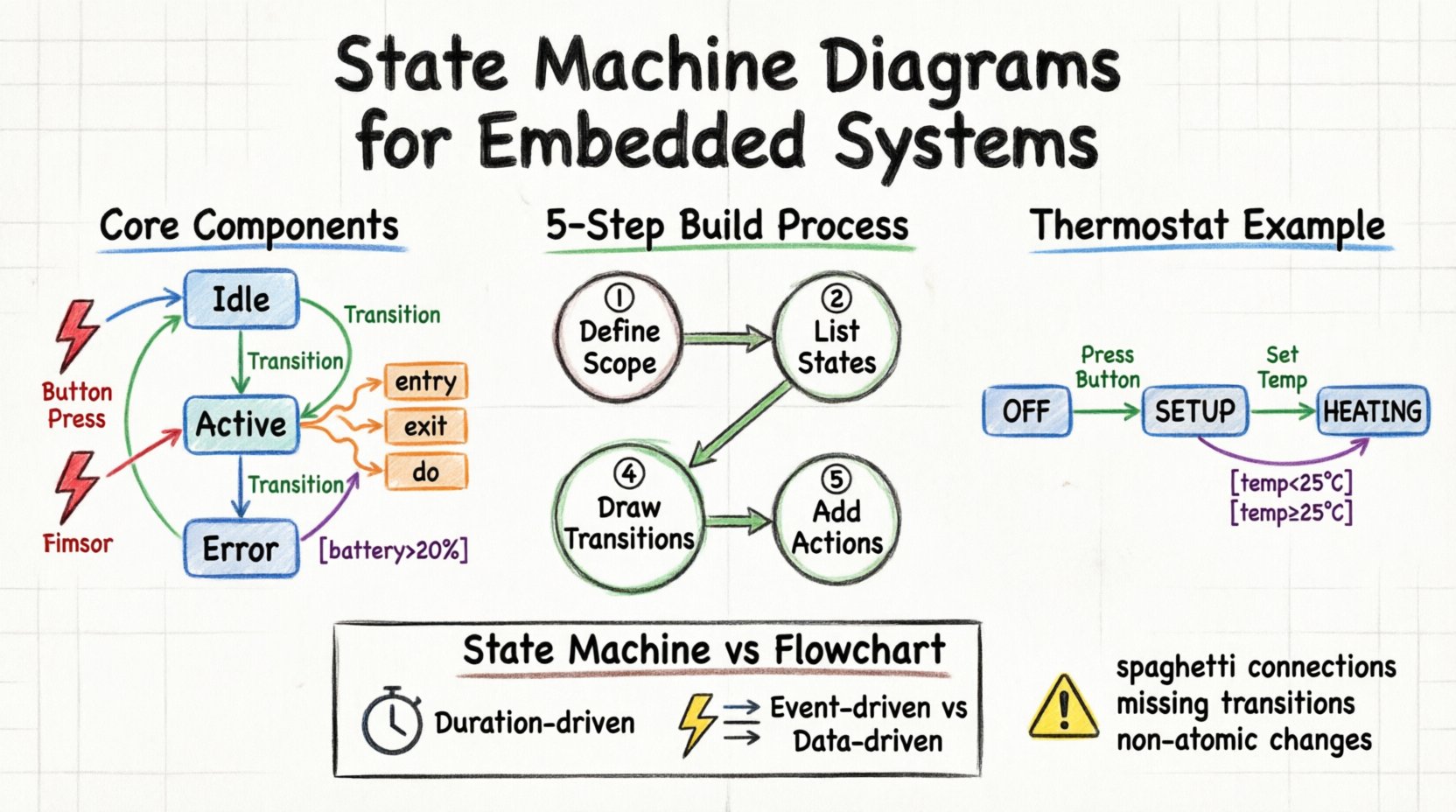 Hand-drawn whiteboard infographic explaining State Machine Diagram basics for embedded systems beginners, featuring color-coded core components (states in blue, transitions in green, events in red, actions in orange, guard conditions in purple), 5-step diagram building process, practical thermostat logic example, common pitfalls warnings, and State Machine vs Flowchart comparison table for visual learning