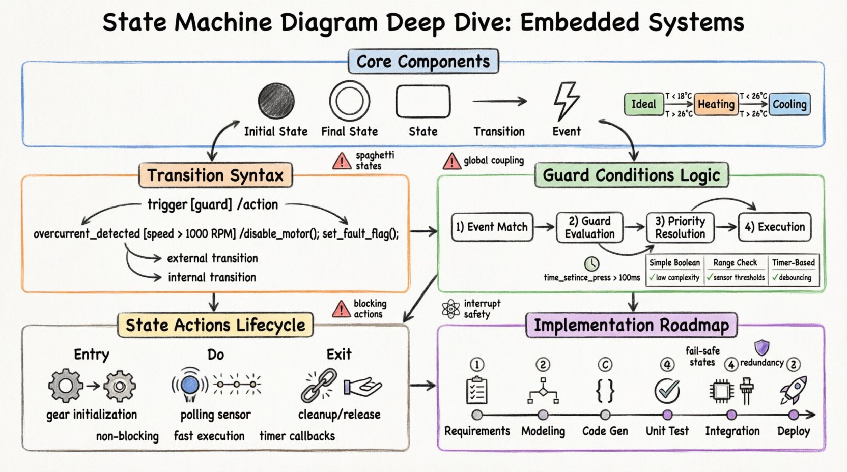 Hand-drawn infographic illustrating State Machine Diagrams for Embedded Systems: visual breakdown of core components (states, transitions, events, pseudo-states), transition syntax formula 'trigger [guard] /action' with motor control example, guard condition evaluation flowchart with debounce timing logic, entry/exit/do actions lifecycle with embedded optimization tips, shallow vs deep history states comparison, implementation roadmap from requirements to deployment, and safety considerations including fail-safe states and redundancy—designed for firmware engineers, automotive developers, and IoT architects working with UML state machines in resource-constrained microcontroller environments