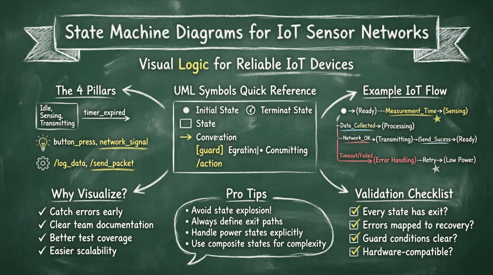 Chalkboard-style infographic explaining UML state machine diagrams for IoT sensor networks, showing the four pillars (states, transitions, events, actions), UML symbols reference, example sensor node workflow from Ready to Sensing to Transmitting, error handling patterns, benefits of visual logic modeling, and validation checklist for embedded system designers
