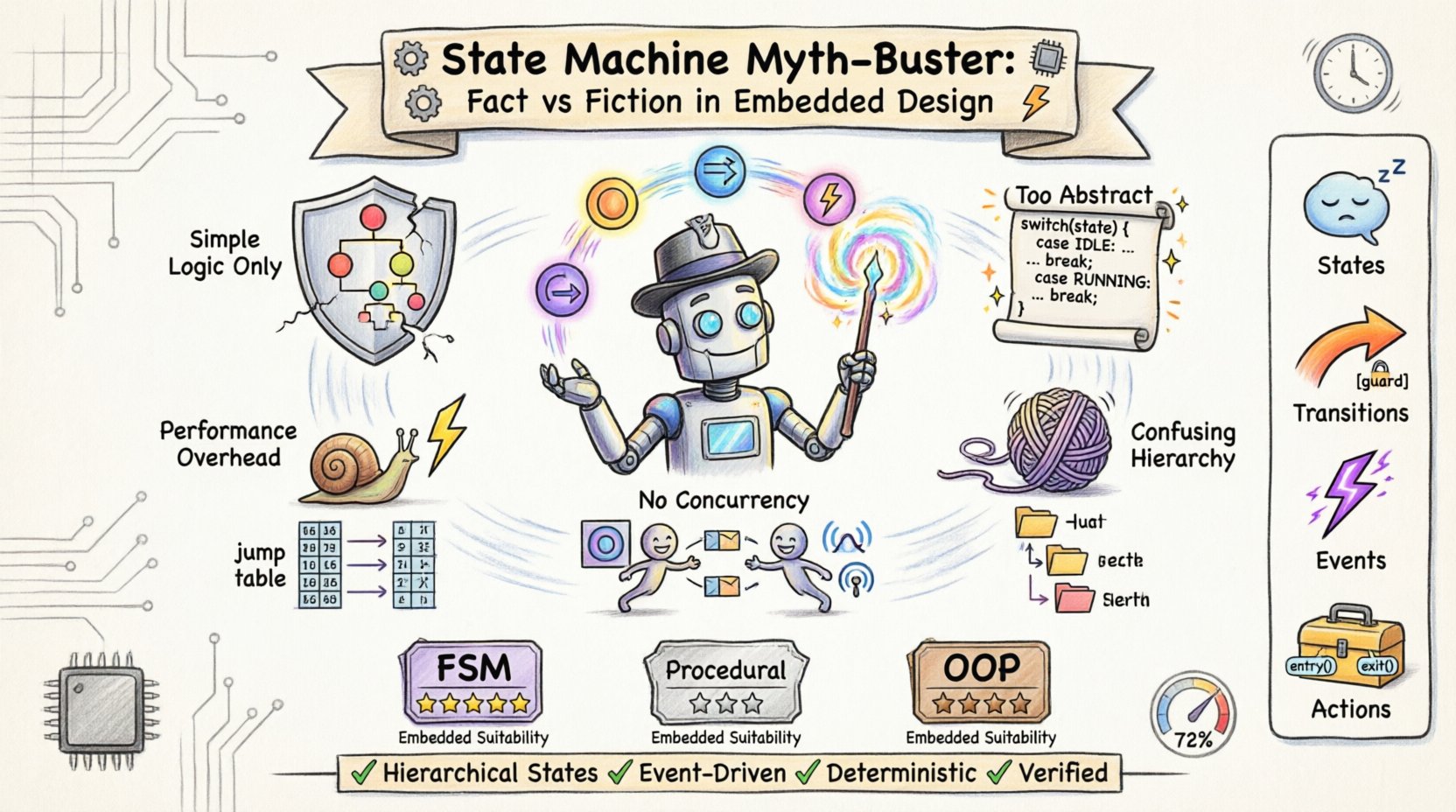 Whimsical infographic debunking 5 myths about State Machine Diagrams in embedded systems design, showing hierarchical states, UML-to-code mapping, performance optimization, concurrency with orthogonal regions, and comparison of FSM vs procedural vs object-oriented approaches for microcontroller development