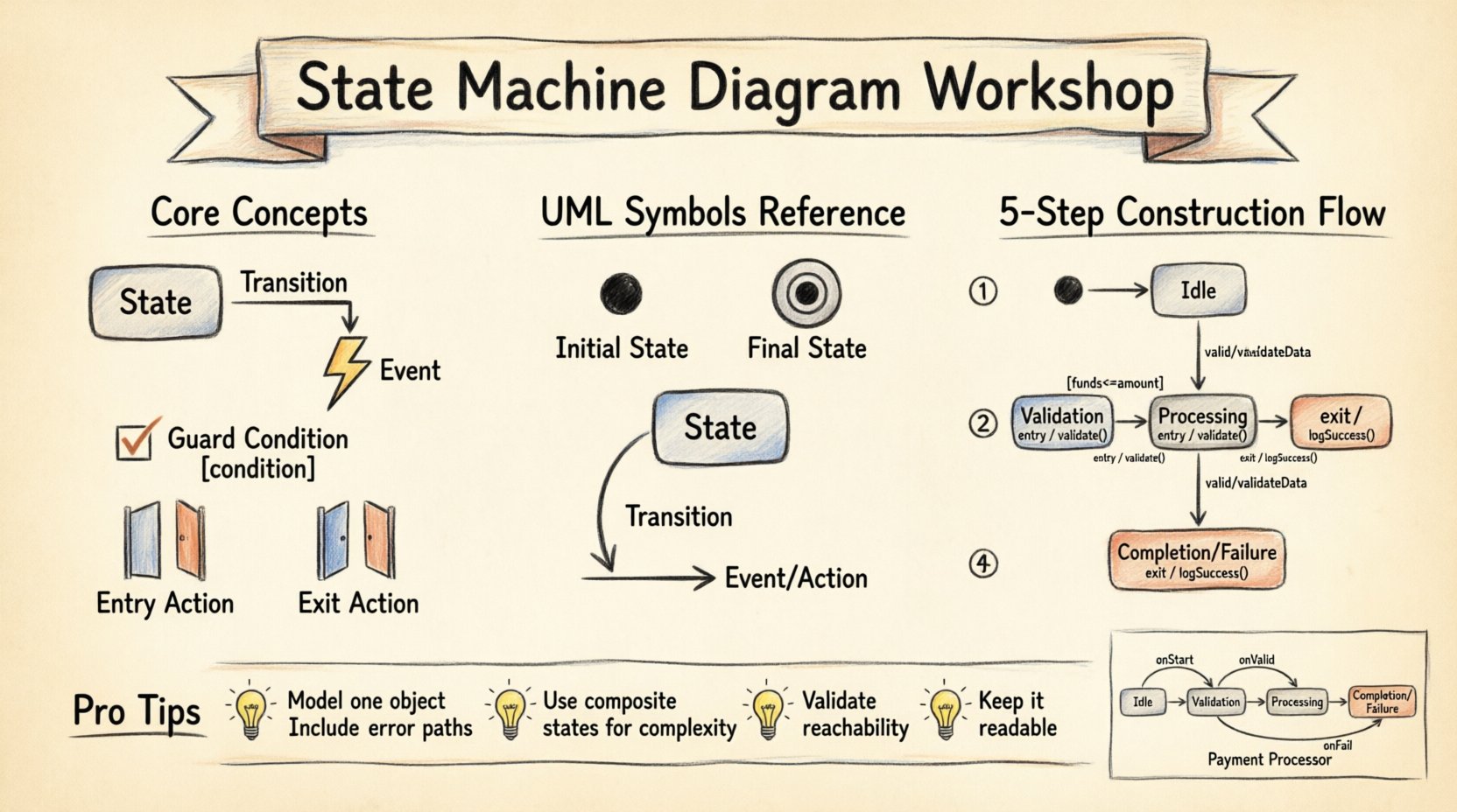 Hand-drawn infographic illustrating State Machine Diagram workshop steps: core concepts (states, transitions, events, guards), UML notation symbols, 5-step construction process using Payment Processor example, complexity handling tips, and validation checklist for building behavioral UML diagrams