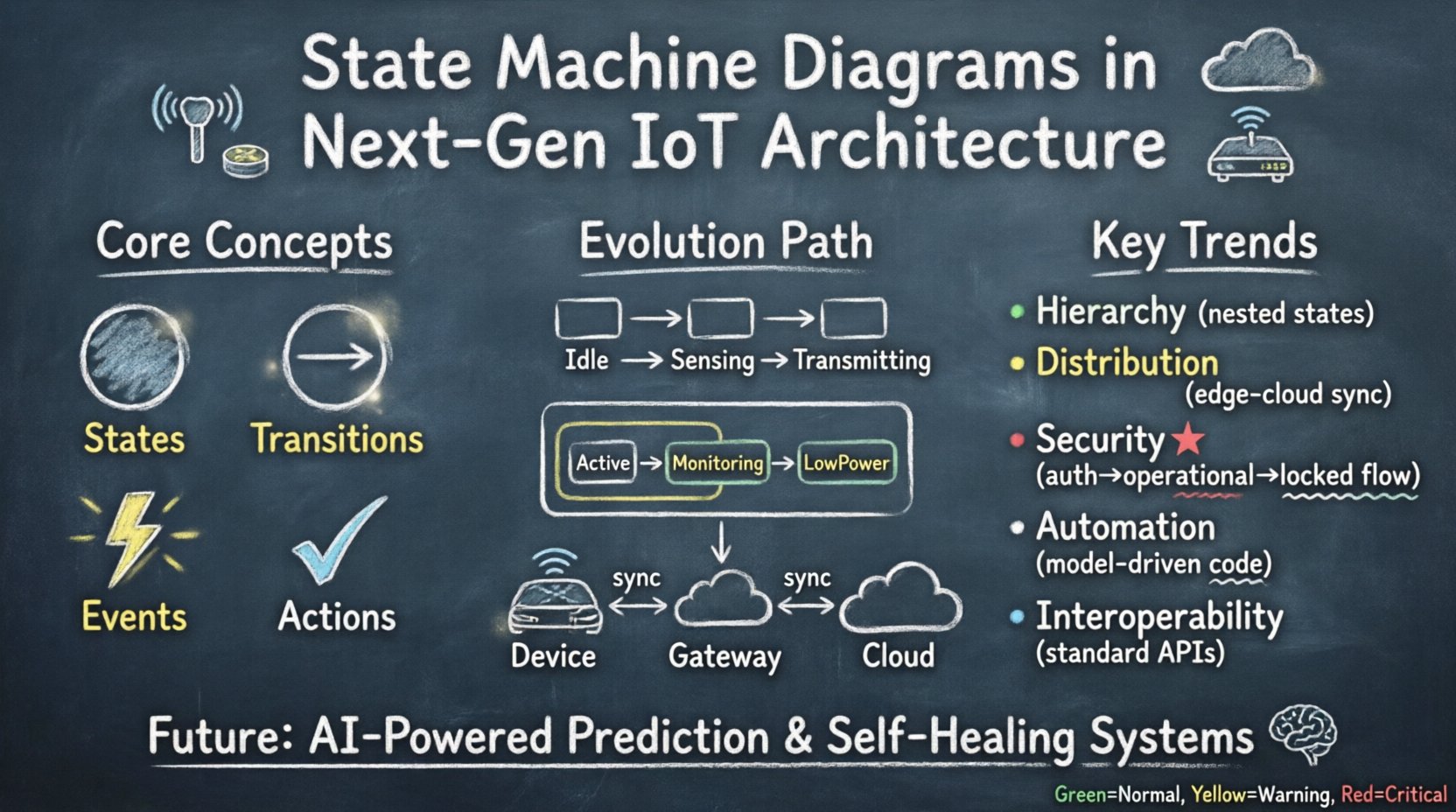 Chalkboard-style educational infographic illustrating the evolution of State Machine Diagrams in next-generation IoT architecture, showing core concepts (states, transitions, events, actions), progression from flat to hierarchical to distributed models, key trends including hierarchy, distribution, security, automation, and interoperability, plus future AI-powered prediction capabilities, designed with hand-written teacher-style annotations and color-coded state indicators for easy comprehension