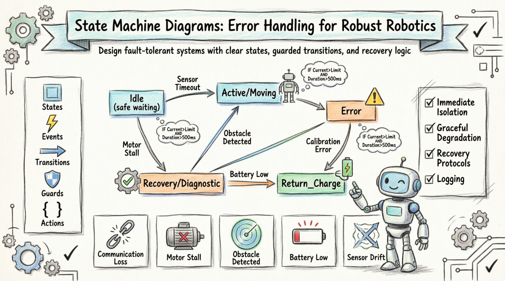 Hand-drawn infographic illustrating State Machine Diagrams for error handling in robotics systems, showing key UML components (states, events, transitions, guards, actions), error recovery flow from Idle to Active to Error to Recovery states, common robotics error scenarios including communication loss, motor stall, obstacle detection, low battery, and sensor calibration drift, with best practices checklist for building fault-tolerant robotic systems