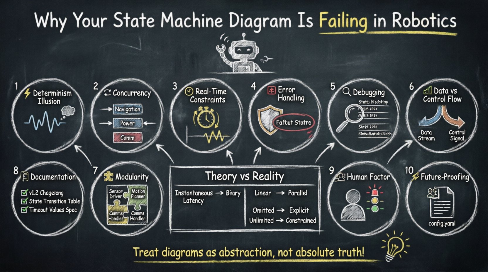 Chalkboard-style educational infographic explaining why state machine diagrams fail in robotics applications, covering 10 key challenges: determinism illusions, concurrency, real-time constraints, error handling, debugging, data vs control flow, modularity, documentation, human factors, and future-proofing, with hand-drawn icons, comparison table, and teacher-style annotations for robotics engineers