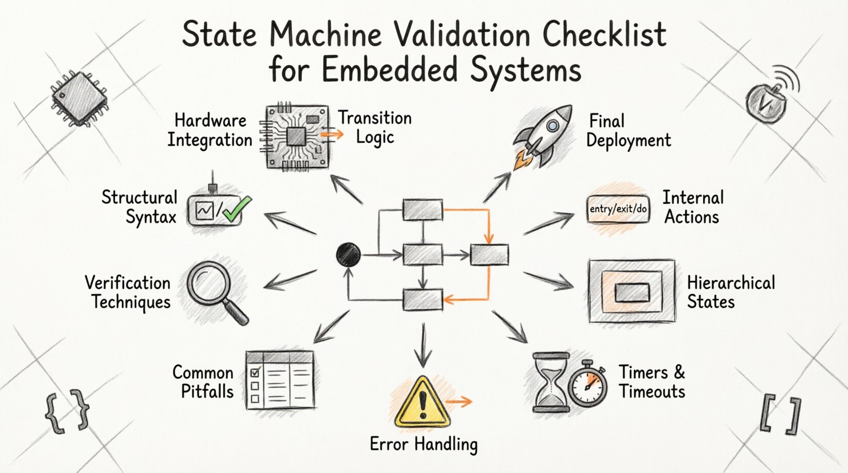 Sketch-style infographic illustrating a comprehensive 10-point validation checklist for UML state machine diagrams in embedded systems, featuring hand-drawn icons for structural syntax, transition logic, state actions, hierarchical states, timers and watchdogs, error handling, common pitfalls table, verification techniques, hardware integration, and final deployment steps, arranged in a circular flowchart layout with annotated callouts on a 16:9 canvas