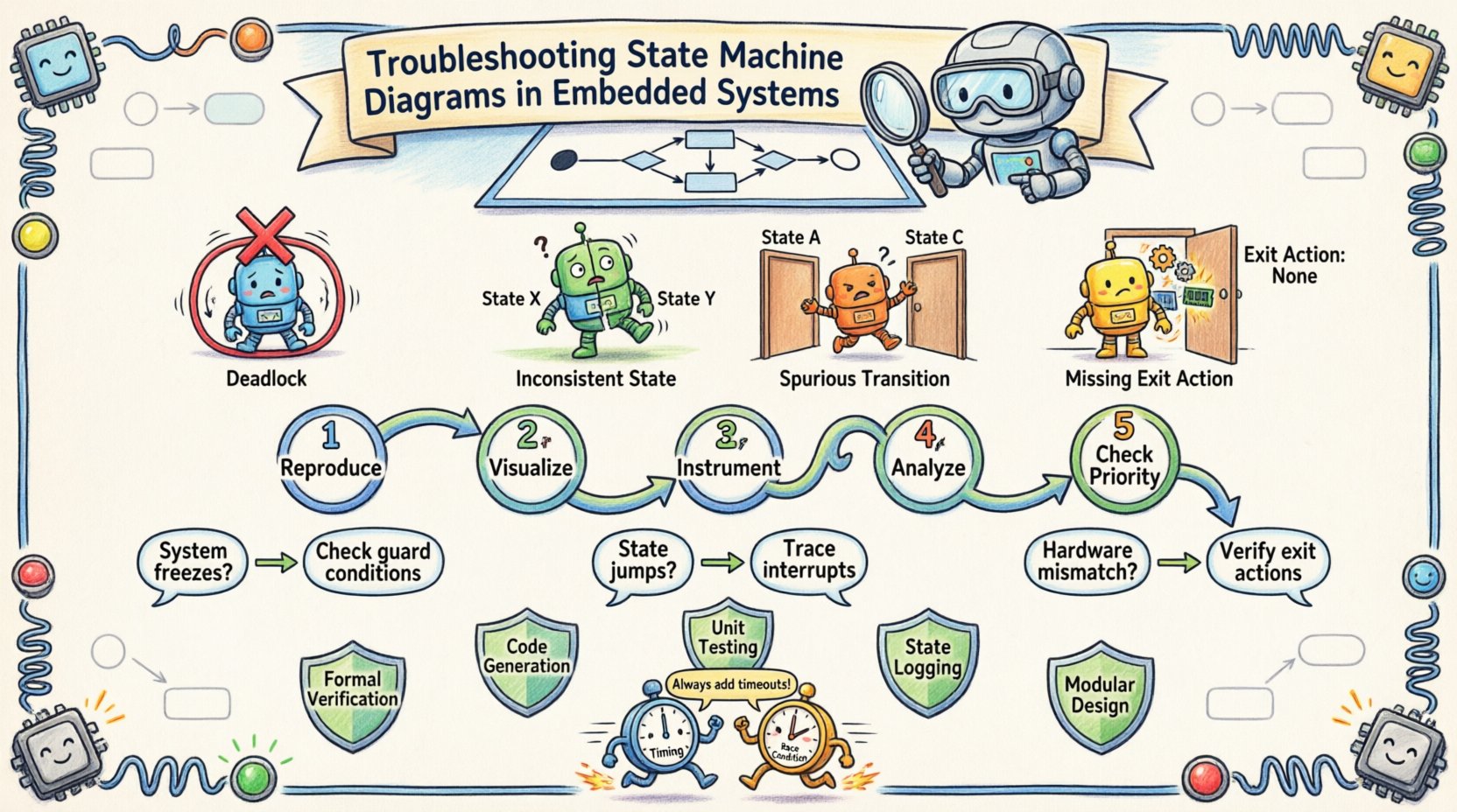 Cartoon infographic guide for troubleshooting state machine diagrams in embedded systems: illustrates 4 common logic errors (deadlock, spurious transitions, inconsistent states, missing exit actions), 5-step diagnostic workflow (reproduce, visualize, instrument, analyze, check priority), symptom-to-cause mapping table, guard condition pitfalls, hierarchical state management tips, timing/race condition warnings, and prevention strategies including formal verification, code generation, unit testing, state logging, and modular design for reliable embedded software development