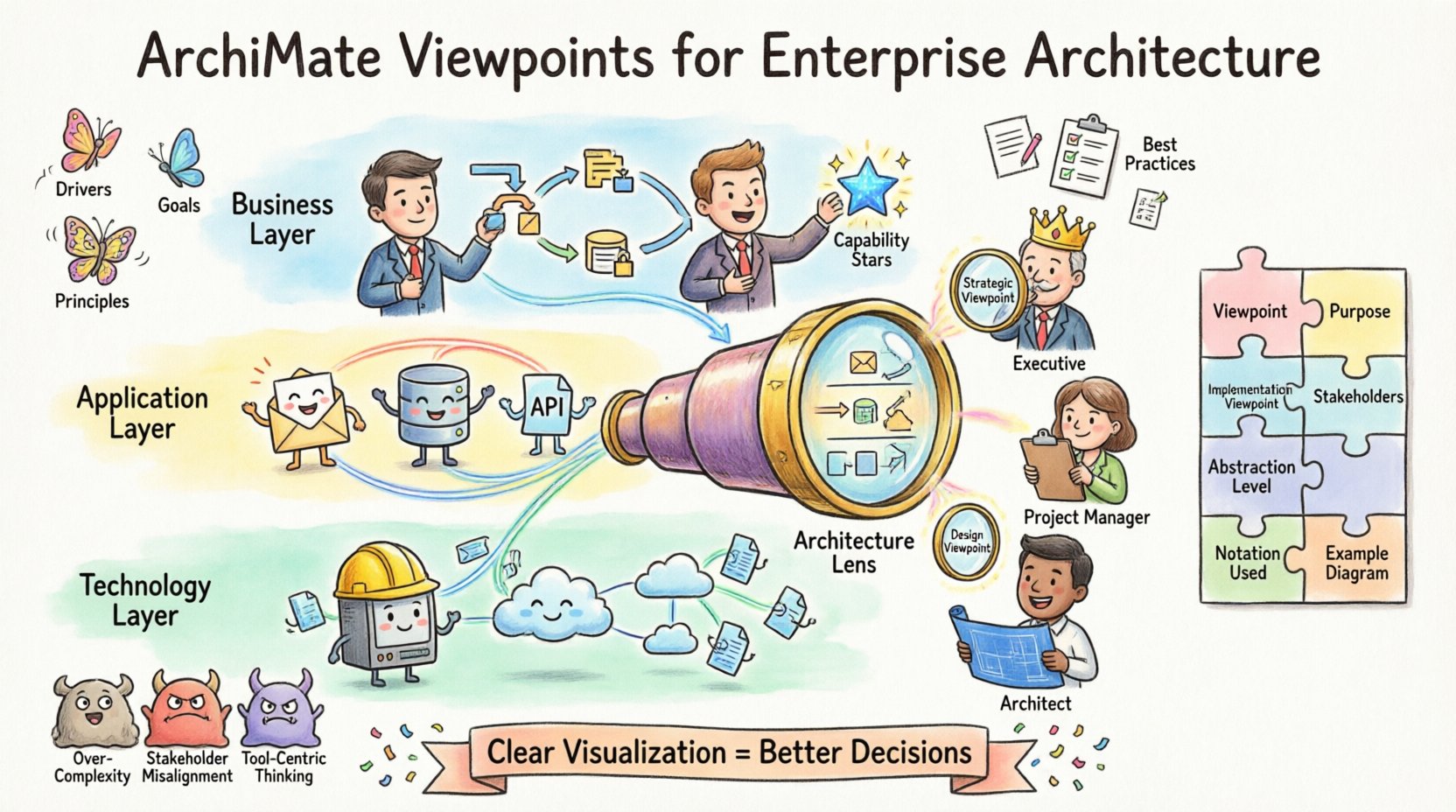 Whimsical infographic illustrating ArchiMate Viewpoints for Enterprise Architecture visualization, showing three architectural layers (Business, Application, Technology), stakeholder-specific viewpoints for executives, project managers, and architects, with playful icons representing processes, applications, infrastructure, and motivation elements like drivers and goals, designed in bright pastel cartoon style to simplify complex EA concepts for better business-IT alignment