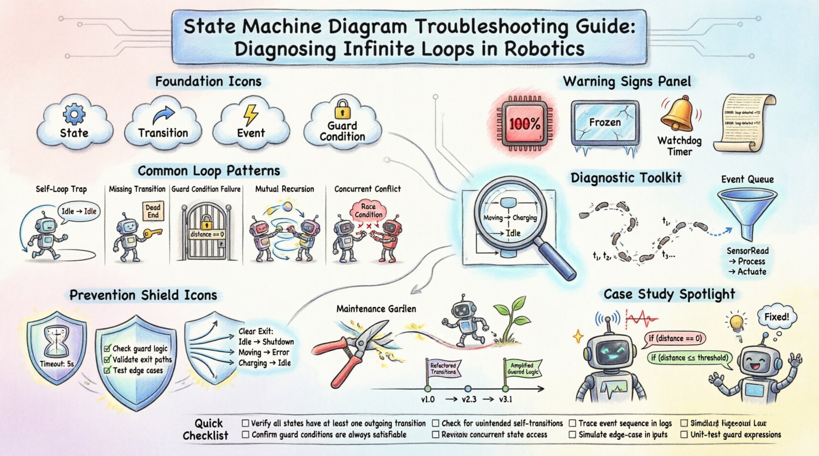 Whimsical infographic guide for troubleshooting infinite loops in robotics state machine diagrams, featuring a friendly cartoon robot navigating colorful state bubbles, visual explanations of common loop patterns like self-loop traps and guard condition failures, diagnostic toolkit illustrations, prevention strategies with timeout mechanisms, a GPS navigation case study, and a printable checklist for debugging FSM logic in embedded robotic systems