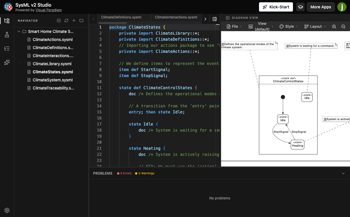 A full-screen view of the SysML v2 Studio workspace. The left pane shows a project navigator with various diagram types, the center contains a syntax-highlighted code editor with a smartphone hardware model, and the right pane displays an automatically generated block definition diagram in perfect sync with the code.