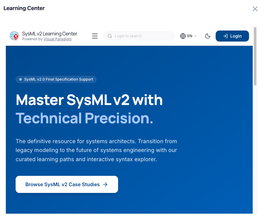 A screenshot of the SysML v2 Studio Learning Center showing an integrated documentation hub with example projects and AI-powered guides.
