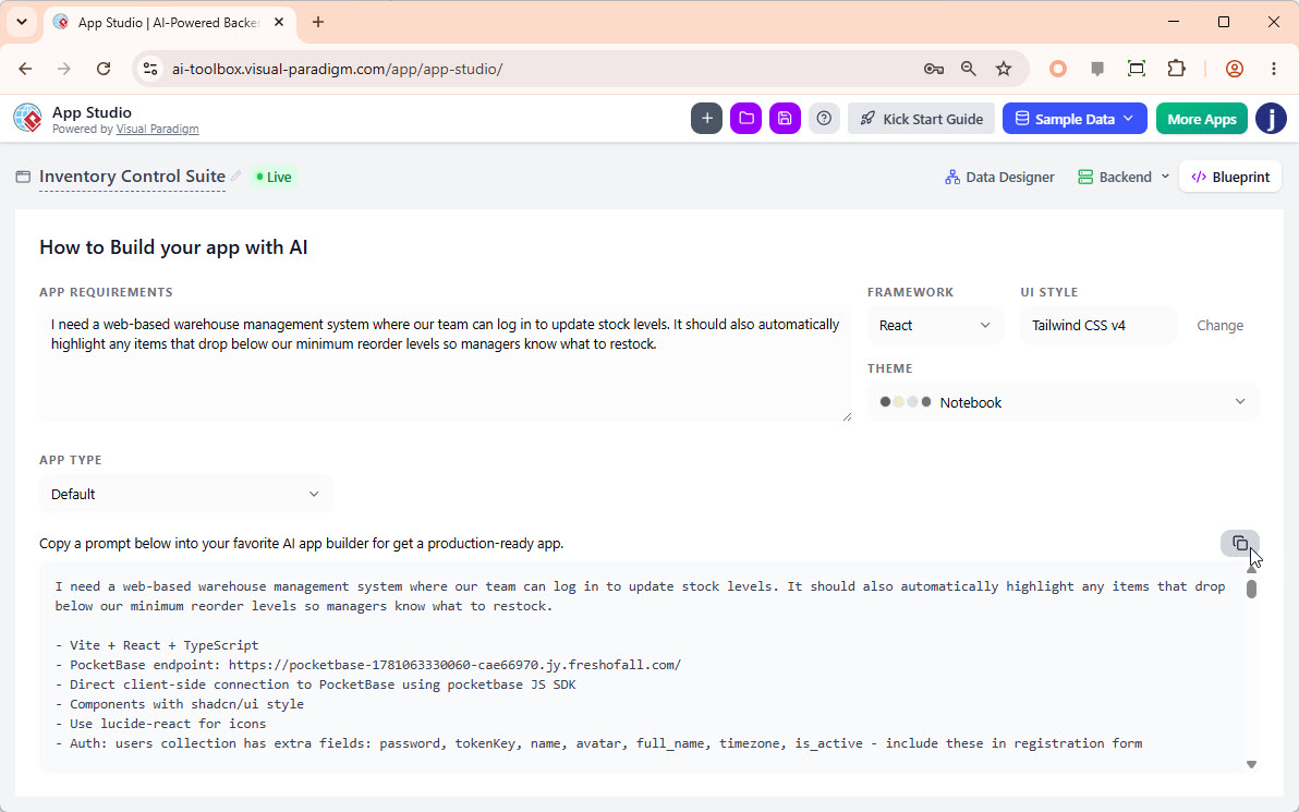 Copy the app prompt for use in building app in your favorite AI app building tool