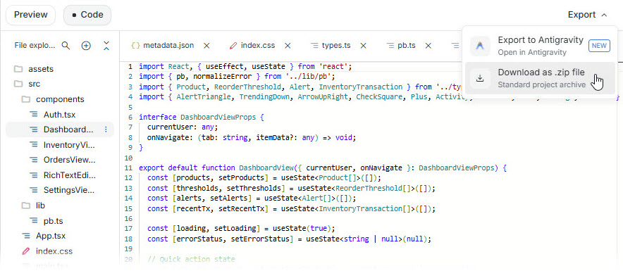 To produce a zip of the app project developed in Google AI Studio