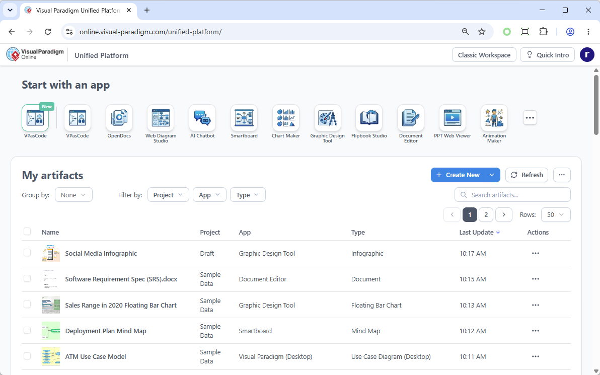 The user interface of Visual Paradigm Unified Platform