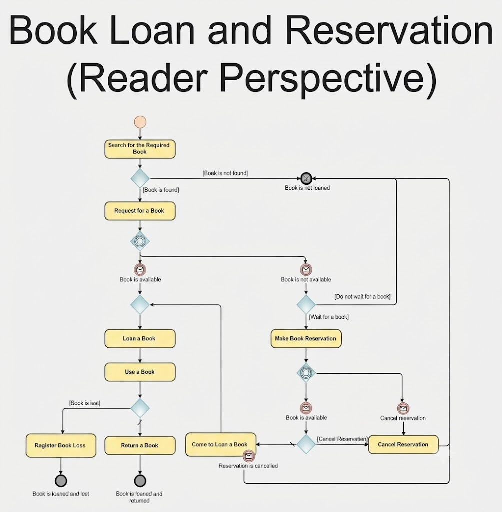 BPMN Diagram: Book Lean and Reservation (Reader Perspective)