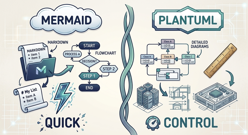 Visual comparison showing Mermaid is optimized for quick markdown charts while PlantUML offers precise control for complex software modeling