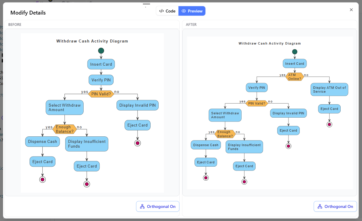 Side-by-side visual diff tool showing changes before and after AI modification