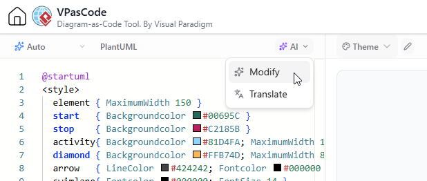 To trigger the AI Modification feature in Visual Paradigm VPasCode