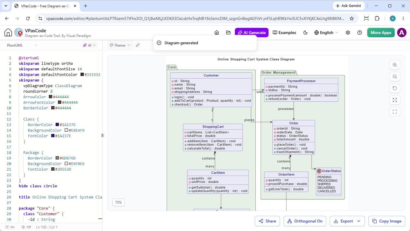 A class diagram generated by AI, in Visual Paradigm's VPasCode diagram as code editor.