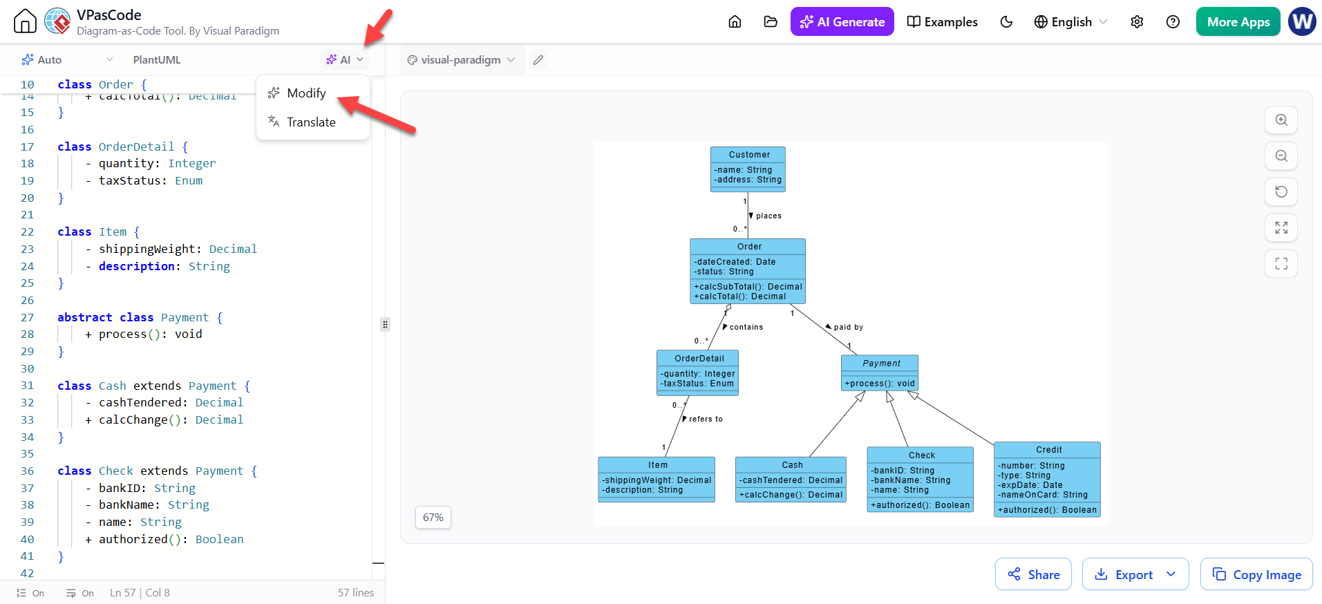 Visual Paradigm VPasCode: Modify the code with AI LLM, when you want to touch up an existing diagram: