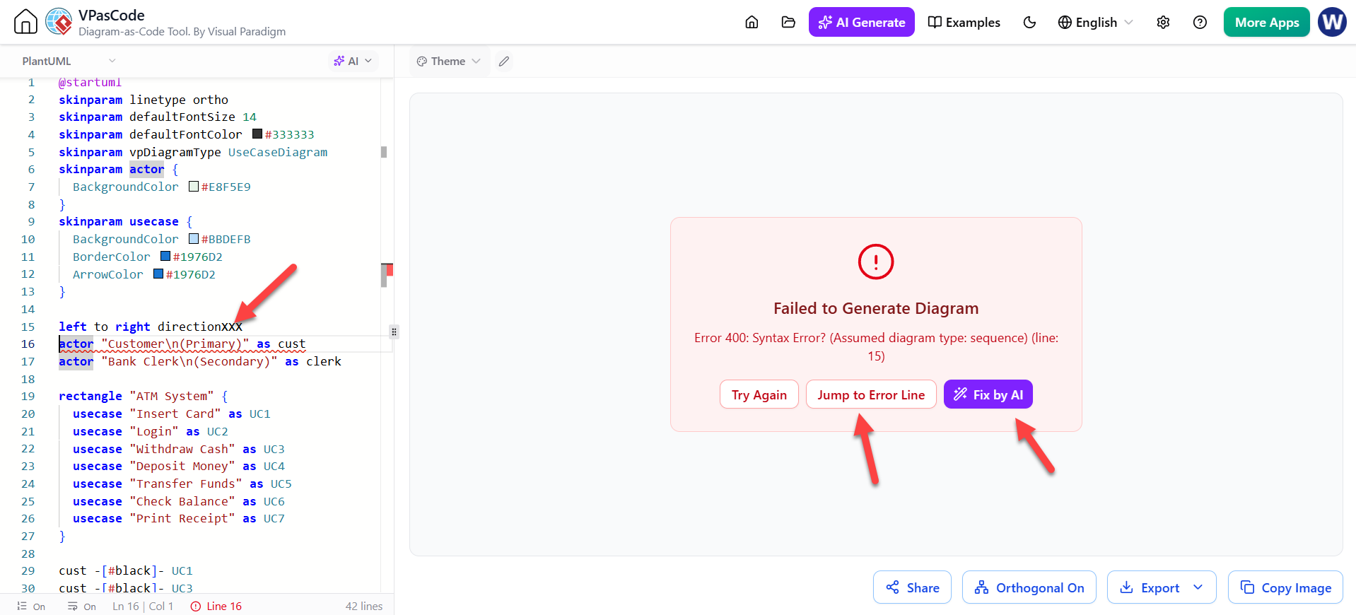 Visual Paradigm VPasCode: One-Click AI Syntax Error Fixing EXample