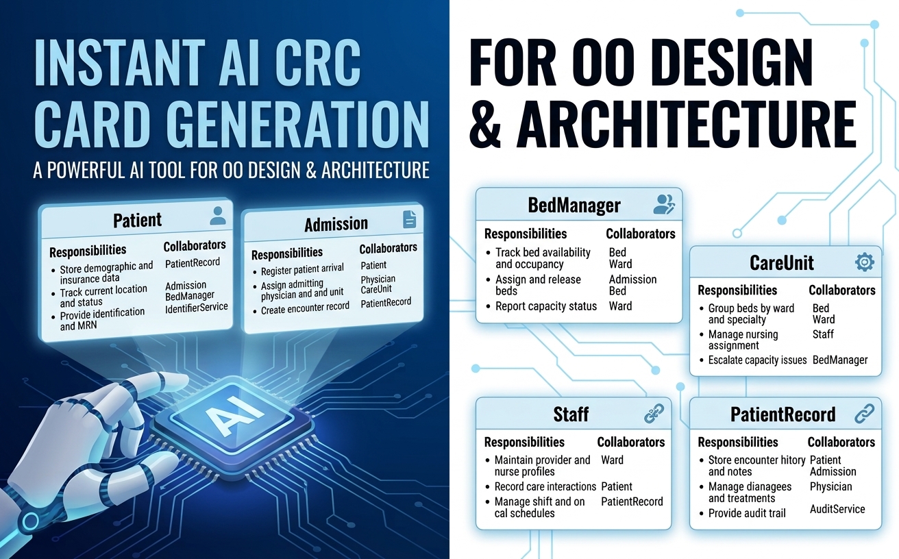 Two-column image with 'Instant AI CRC Card Generation' on the left and CRC card diagram examples for OO design on the right.