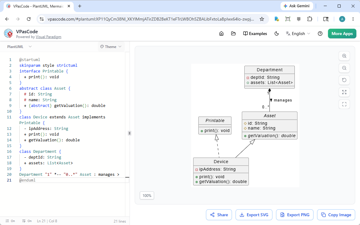 PlantUML class diagram showing Device and Department inheritance.