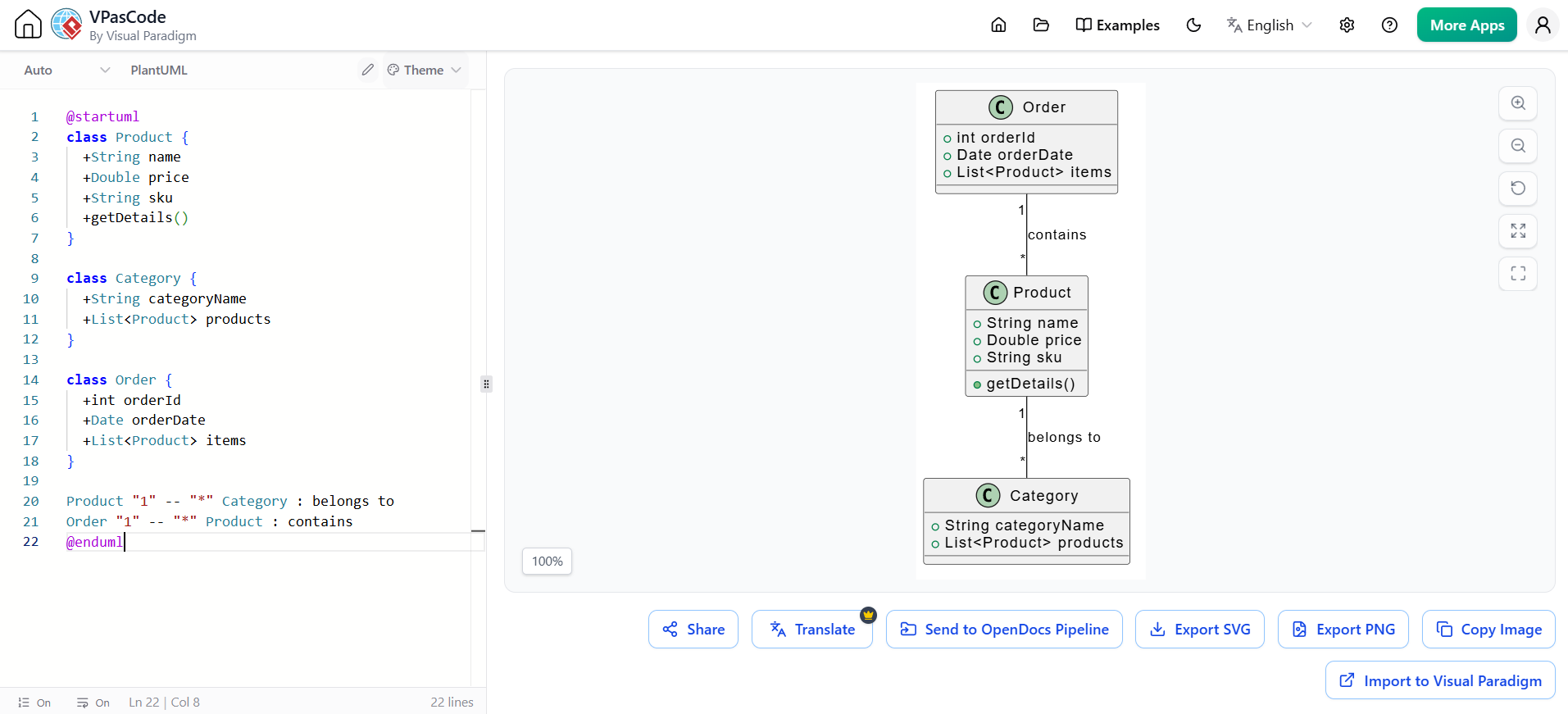 VPasCode PlantUML interface displaying Java class definitions and diagram