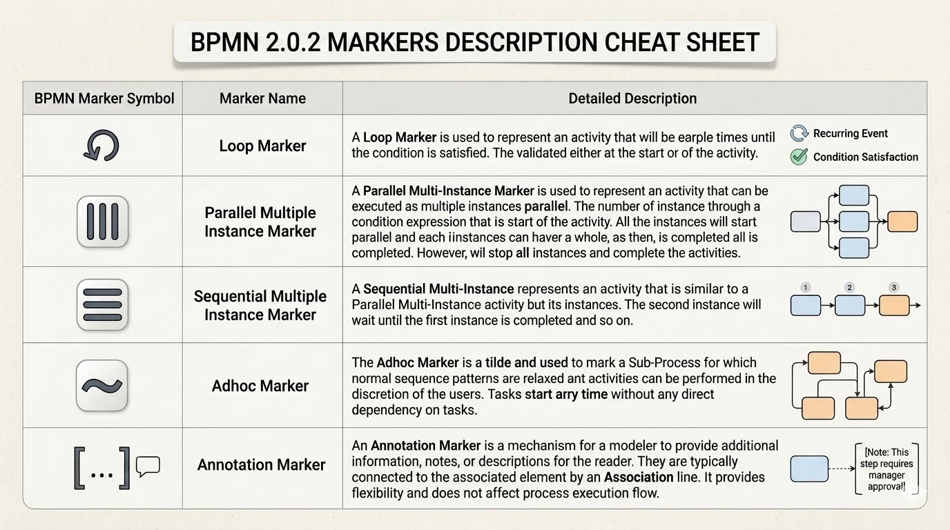 BPMN 2.0.2 Markers Cheat Sheet showing Loop, Parallel, Sequential, Adhoc, and Annotation symbols. BPMN 2.0.2 Markers Cheat Sheet showing Loop, Parallel, Sequential, Adhoc, and Annotation symbols.