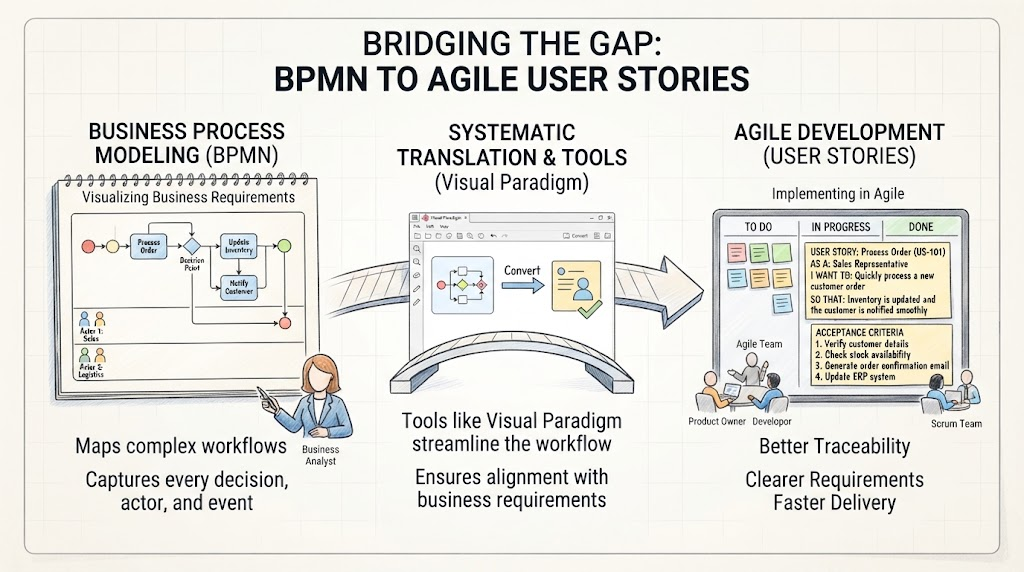 Diagram showing BPMN process modeling to Agile user stories conversion