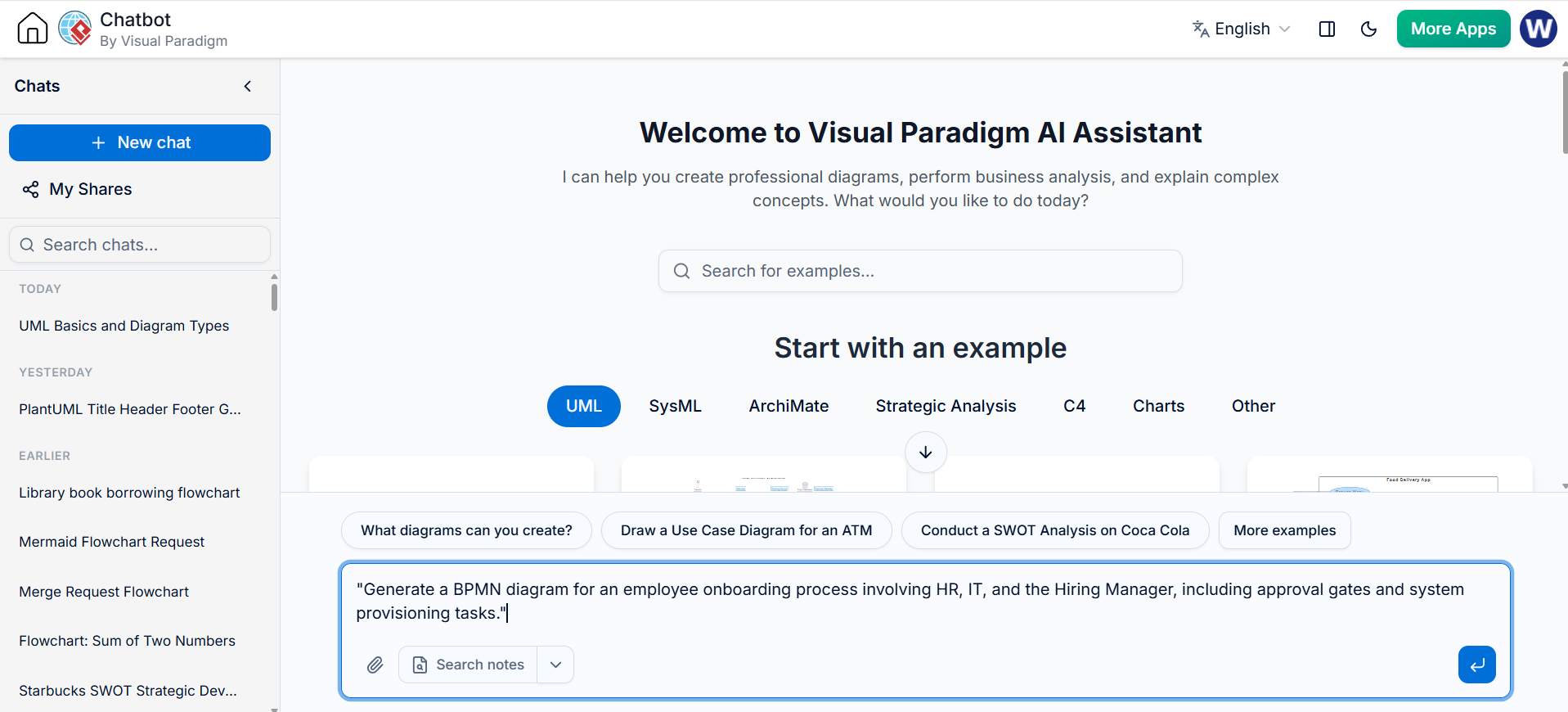 Visual Paradigm AI Assistant interface showing BPMN diagram request in chat box