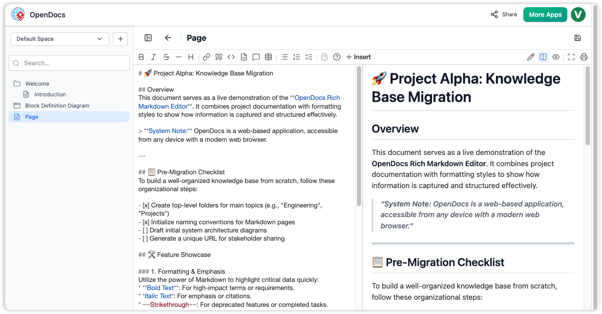 OpenDocs Rich Markdown Editor interface showing project documentation