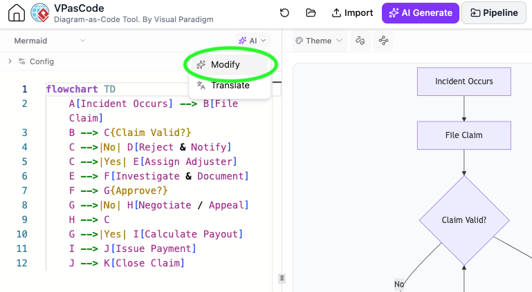 VPasCode Mermaid flowchart TD code editing and rendering preview