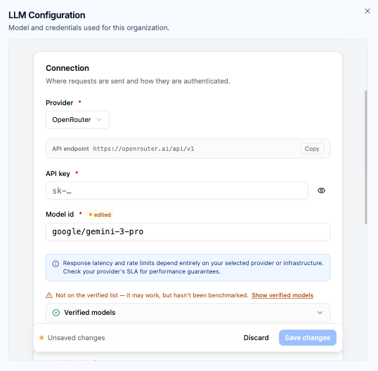 Visual Paradigm VPasCode LLM configuration window showing provider selection, API key input, and model behavior settings.